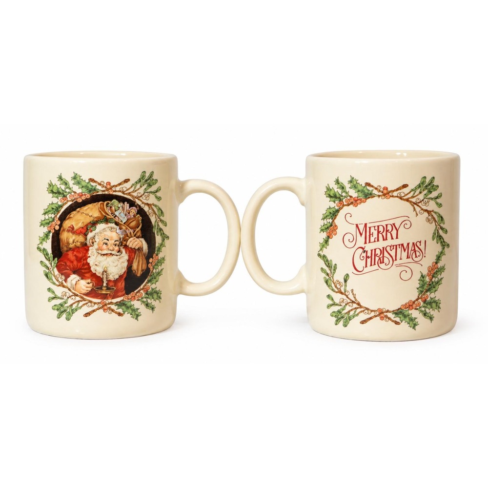 VTG 1980's Hallmark Ceramic Mug Merry Christmas! Santa Coffee Tea Mugs- Set of 2